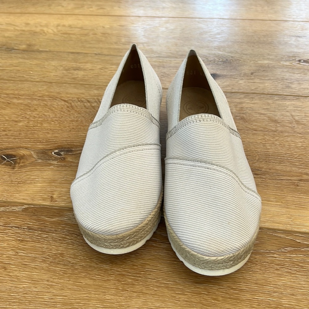 Marina by Charleston Shoe Company in Gray/White Pinstripe.  Fits like size 7